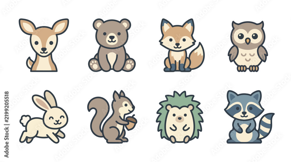 Obraz premium Cute Woodland Animals Vector Set - Kawaii Forest Creatures Icons Including Bear, Fox, Deer, Owl, Rabbit, Squirrel, Hedgehog, and Raccoon for Nursery and Graphic Design