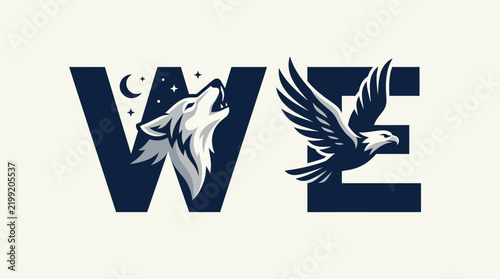 Wolf and Eagle Logo Illustration with 'WE' Typography, Wilderness Spirit Animal Vector Graphic