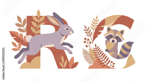 Woodland Animal Alphabet Initials R and C with Rabbit and Raccoon Illustrations for Kids Nursery Decor and Educational Design