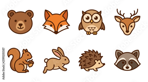 Cute Woodland Animal Icons Set: Bear, Fox, Owl, Deer, Squirrel, Rabbit, Hedgehog, and Raccoon Flat Vector Illustrations