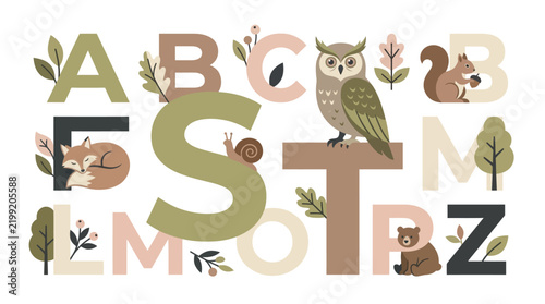 Woodland Animal Alphabet Illustration for Nursery Decor and Kids Education - Earthy Tone Forest Letters Vector Art