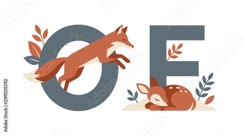 Woodland Animal Alphabet Illustration with Jumping Fox and Sleeping Fawn - Letters O and E