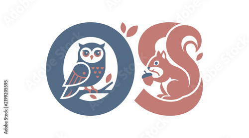 Owl and Squirrel Monogram Logo with Letters O and S - Minimalist Forest Wildlife Vector Illustration