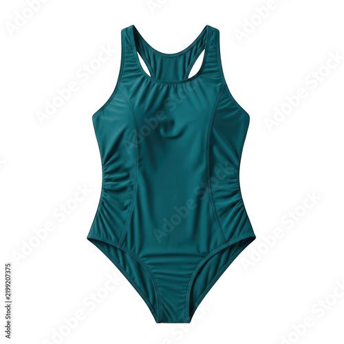 Obraz na plátně Teal one-piece swimsuit with racerback design and ruched sides, offering a flattering silhouette for swimming and beach vacations