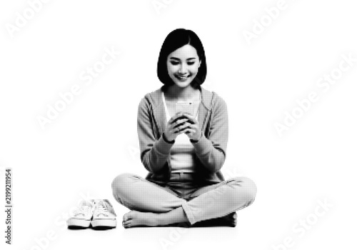 Young girl sitting and reading a book in black and white illustration