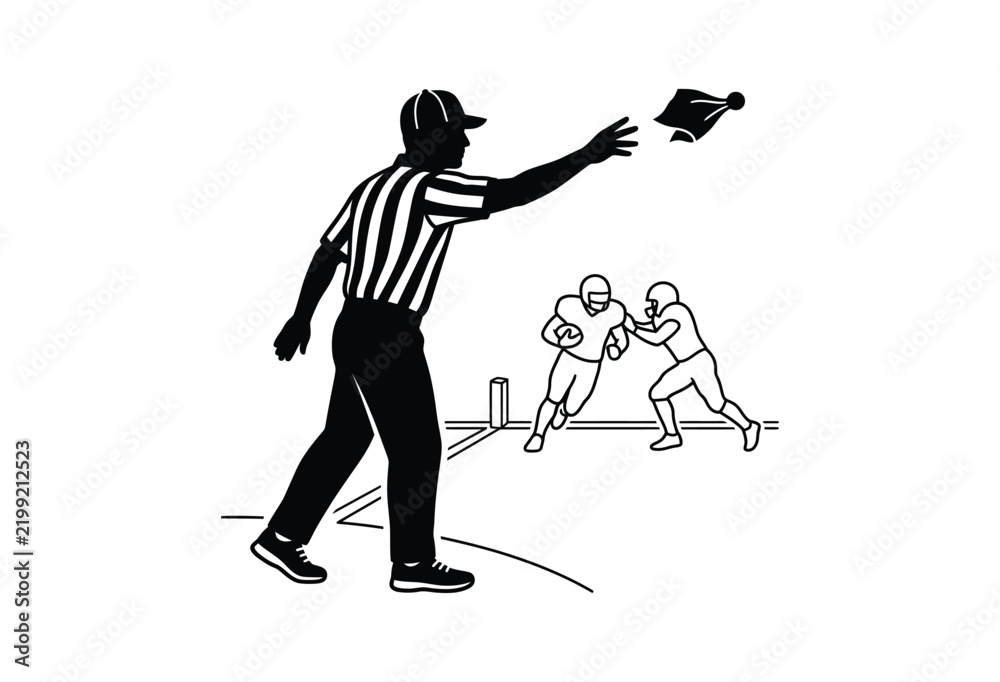 Fototapeta premium Football referee throwing penalty flag during game black and white silhouette sports athlete official umpire