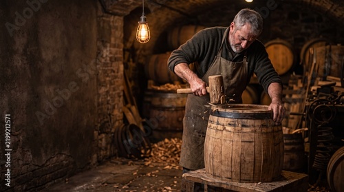 Cooper Driving an Iron Hoop Down over Wine-Barrel Staves with a Mallet