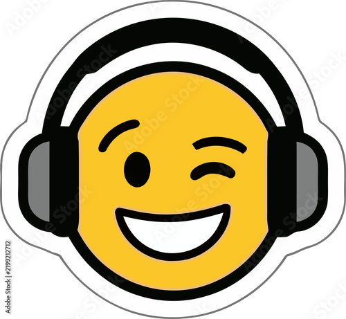 Fotografie Cheerful yellow face wearing black headphones winking with a playful smile