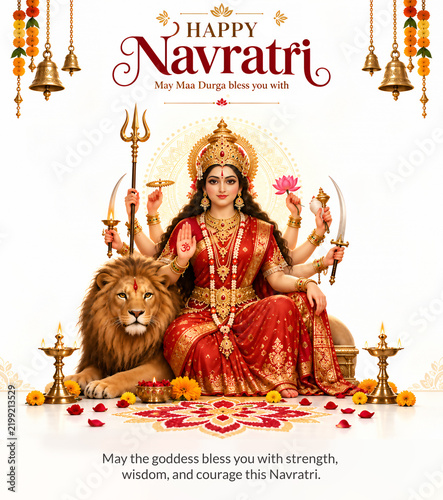 Happy Navratri greeting card with Goddess Durga, lion and festive diya decor, Poster, banner.