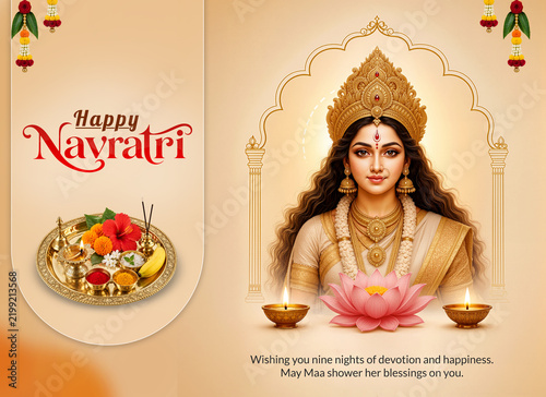 Elegant Happy Navratri greeting featuring Goddess Durga, traditional puja thali, floral decor and warm festive background, ideal for religious festival designs.