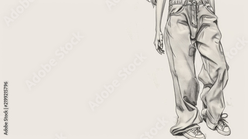 Minimalist pencil sketch of young woman in crop top and loose pants on white background