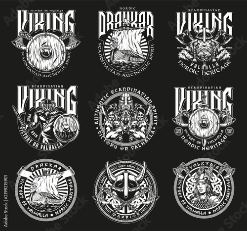 Nine Viking-themed emblems in bold black