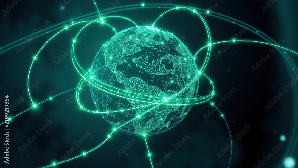 Fototapeta premium Global network concept. Earth surrounded by glowing lines, representing connections, data streams, digital world. Futuristic visualization.