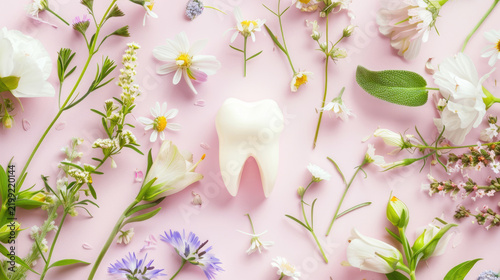 White tooth model surrounded by wildflowers and herbs on soft background representing natural eco dental care