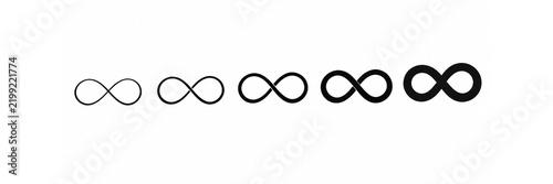 Fotografie Five infinity symbols with varying line thickness isolated on white background