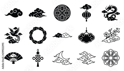 A collection of traditional chinese decorative motifs and symbols in black and white