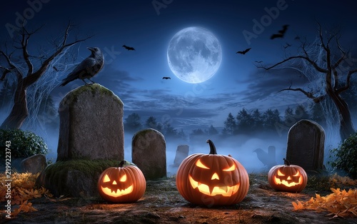 Halloween Night Scene with Pumpkins Cemetery and Full Moon