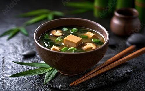 Asian-Inspired Bowl of Soup with Dumplings and Chopsticks Set Against a Backdrop of Bamboo and Rocks