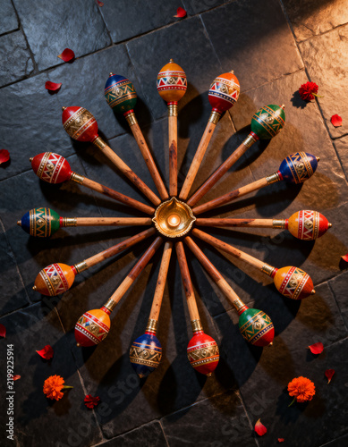 old wooden table indian woman in traditional costume  Hindu Maa durga mata ji Navratri visual  and ram navmi raam dusshera 