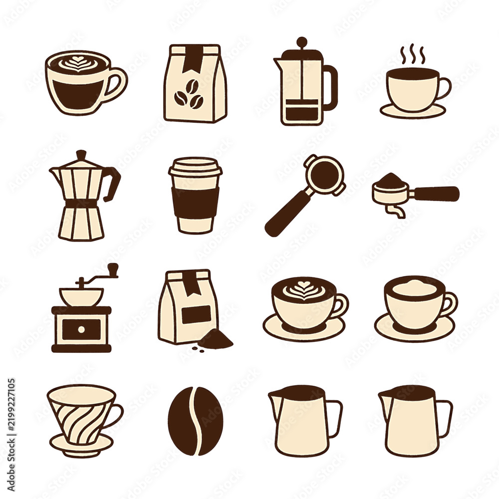 Obraz premium Coffee Shop and Barista Equipment Minimalist Line Icons Set