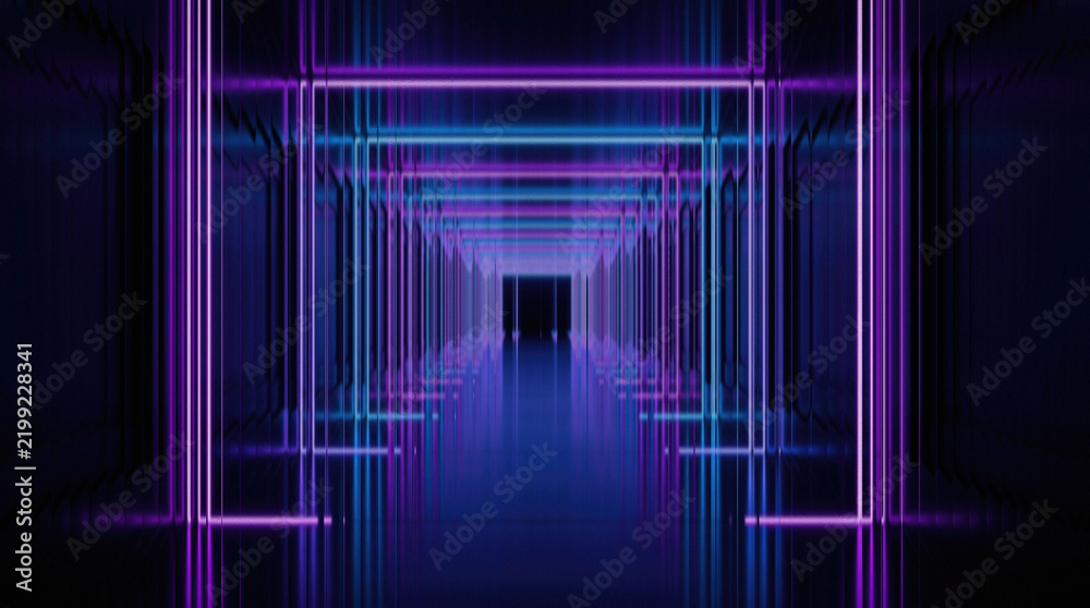 Fototapeta premium Futuristic neon tunnel with glowing purple and blue lines creating an abstract high tech digital corridor background 3d render