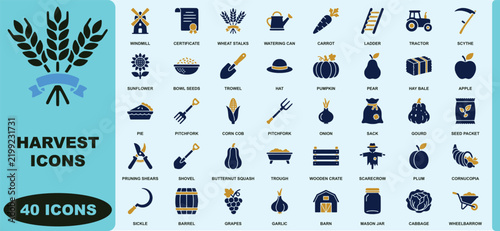 Forty harvest themed featuring farming tools, crops and agricultural equipment agriculture