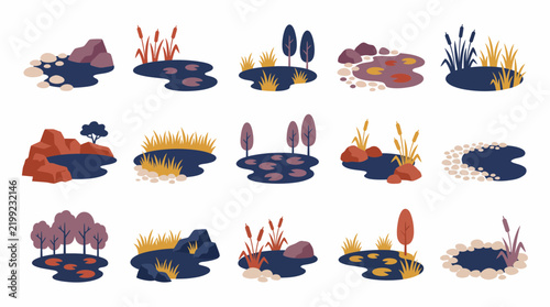 Flat pond landscape vector icons and water scenery elements showcasing aquatic plants, natural rock formations and lily pads, concept for environmental illustration and outdoor scenery design