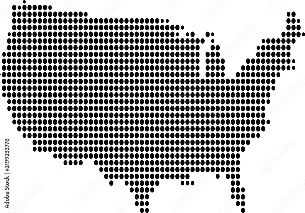 Obraz premium Dotwork United States map silhouette with uniform circular pattern, minimalist geographic artwork for cartography and data visualization projects