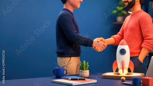 Business deal closure illustration with two men shaking hands beside rocket model and desk