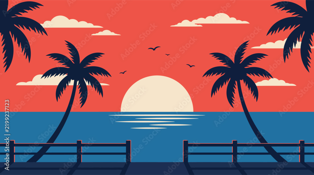 Fototapeta premium Tropical Sunset Beach Flat Design Illustration with Palm Trees