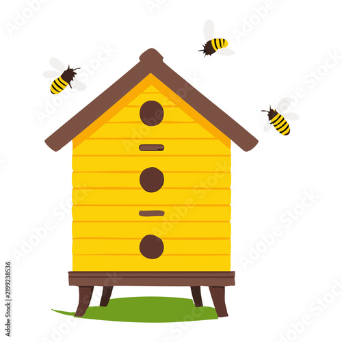 Yellow wooden beehive with busy bees flying around