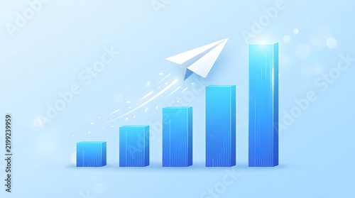 Minimalist Blue Background with Rising Statistical Columns and Paper Jet