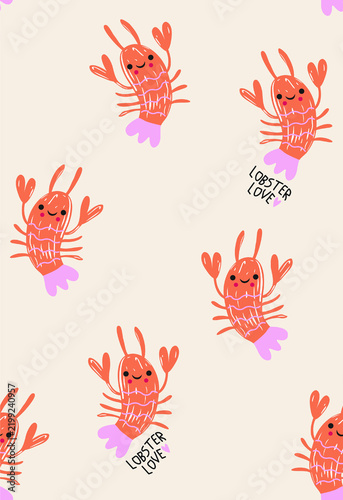 Cute cartoon lobsters with hearts and 'lobster love' text on a light background playful pattern