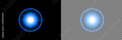 Lensflare blue glowing halo rays overlay, on transparent background.
