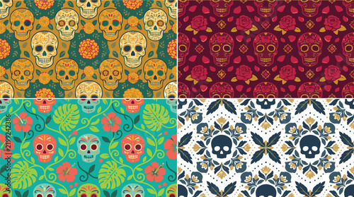 Day of the Dead Sugar Skull Floral Seamless Pattern Vector Set