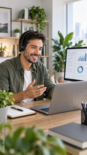 Customer support representative working from home office man with headset using laptop for video call and analyzing business data on screen remote work online consulting virtual communication