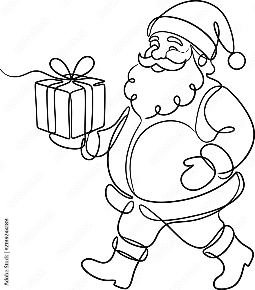 Fototapeta premium Continuous line drawing of santa claus holding a christmas gift box