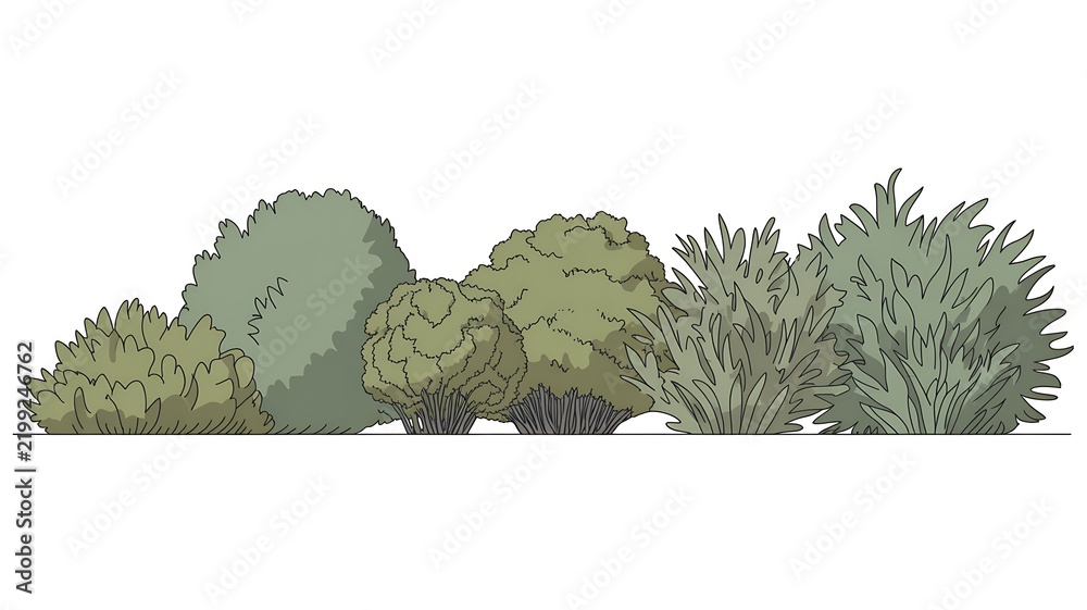 Obraz premium Set of shrubs and bushes in elevation view for use in architectural drawings, isolated on transparent background 