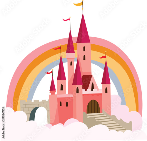Pink Fairytale Castle in the Clouds with Rainbow Vector Illustration