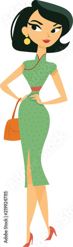 Retro Asian Woman in Green Cheongsam Qipao Dress Vector Illustration
