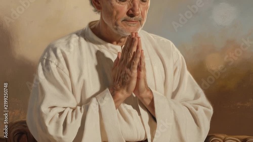 Serene peaceful man with closed eyes praying in calm meditation moment spiritual mindfulness