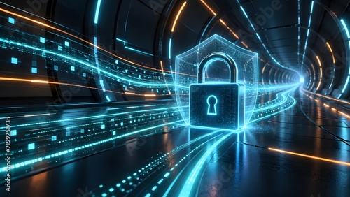 Futuristic glowing blue padlock and shield inside a high speed digital data tunnel, VPN encryption and secure internet connection concept