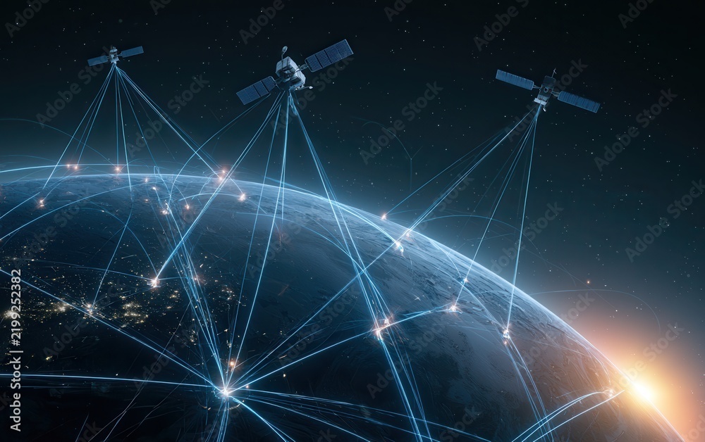 Fototapeta premium Satellites orbiting Earth connecting global networks with technology and data
