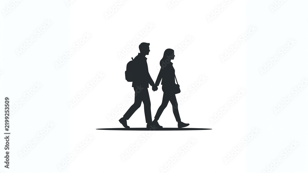 Fototapeta premium Romantic Journey: Minimalist Silhouetted Couple Walking Together Hand in Hand