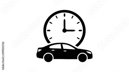 Vector illustration of car with clock icon representing travel time on a transparent background