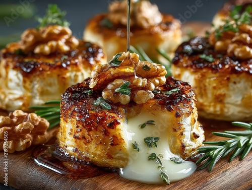 Delicious gourmet brie cheese stuffed mushroom caps topped with caramelized walnuts and honey drizzle