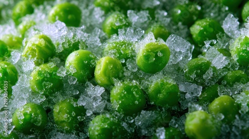 Close-up of fresh green peas with ice cubes on a surface, vibrant and chilled vegetable snack idea, detailed texture