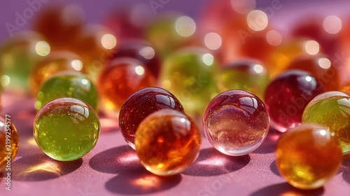 Colorful glass marbles with vibrant reflections and detailed surfaces on a pink background