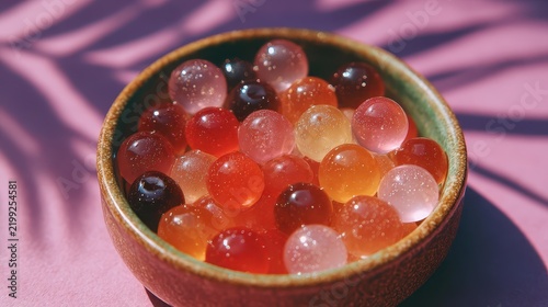 Colorful gelatin or jelly candies in a ceramic bowl with vibrant pink fabric background and soft shadows