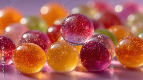 Close-up of colorful glass marbles with water droplets on smooth spherical surfaces and vibrant background